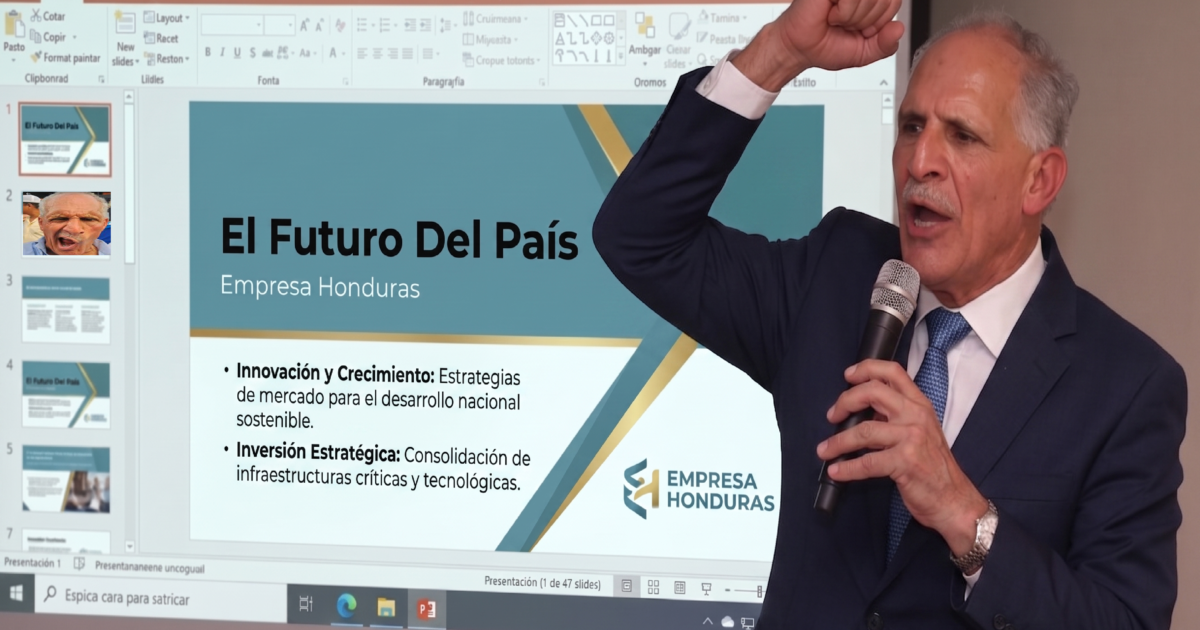 CEO Asfura presenta PowerPoint de 47 Diapositivas sobre el futuro del País; slide 1 es una foto suya gritando